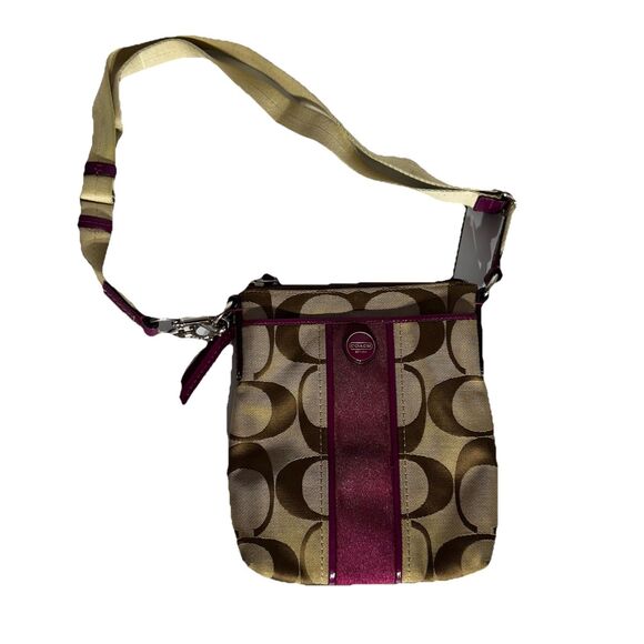 Coach Signature Stripe Shoulder Bag Crossbody Swingpack Berry - Picture 1 of 12